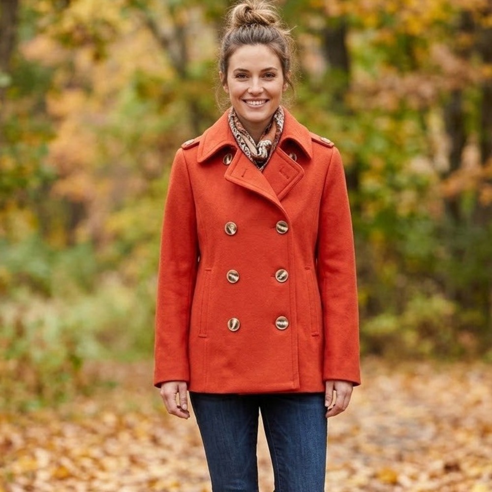 Gap Pea Coat Womens Medium Orange Wool Blend Double Breasted Epaulets Classic